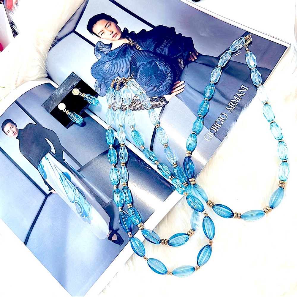 🆕3pc Jewelry Set Ladies Icy-Blue+Gold-Tone Layered Necklace+Matching Earrings